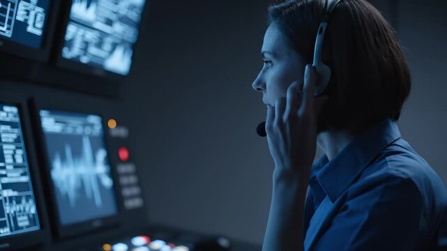 Female technician operating control panel in a darkened room, adjusting settings and monitoring screens, showcasing the dynamic workflow of a technical environment
