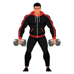 Athletic young adult male character lifting dumbbells in hoodie and joggers – flat illustration