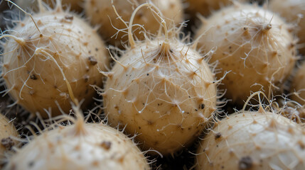 Close up of the growths emerging from chitting potatoes