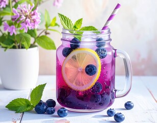 A refreshing blueberry lemonade beverage, vibrant purple and cool, in a glass mason jar, garnished with fresh mint and lemon slices.