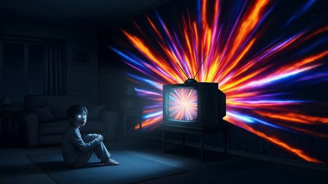 Child mesmerized by television brainwashing glowing eyes