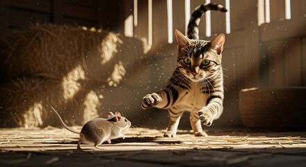 A tabby cat stalking a small mouse in a barn.