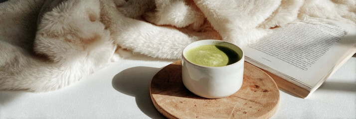 A warm bowl of matcha placed on a wooden coaster sits beside a cozy blanket and an open book on a softly textured surface, illuminated by gentle sunlight, ideal for a relaxing afternoon, banner