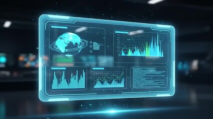 Futuristic data visualization interface displaying global statistics and analytics in a high-tech environment - Powered by Adobe