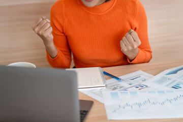 Business woman working on laptop or notebook in her office.
