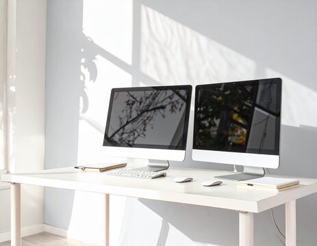 Desk setup with dual monitors in clean minimalist style