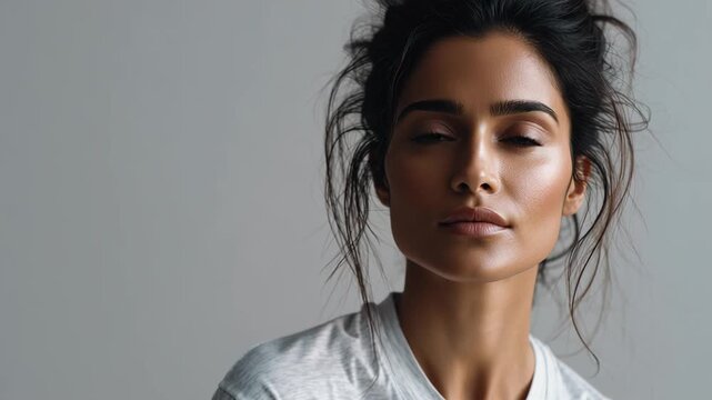 A portrait of a beautiful woman with sun-kissed skin and a captivating gaze. She exudes effortless elegance and inner peace. 