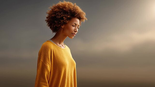 Inner Peace: A woman with eyes closed, radiates serene tranquility in a moment of introspective solitude, a testament to inner calm and quiet reflection. 