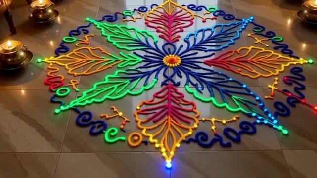 Animated colorful rangoli pattern forming dynamically on the floor, intricate geometric designs, vibrant Diwali festival decoration
