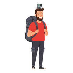 Young caucasian male hiker with gopro backpacking in cartoon style illustration &ndash; flat illustration
