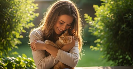 Young woman with kitten, backyard sunlight, cozy affection, warm morning light, realistic photography, Caucasian female happiness, World animals day