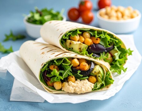 Grilled vegetable wrap with hummus served on parchment paper