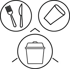 Three circular icons showing fork knife cup and trash can garbage