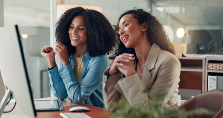 Computer, business women and collaboration in meeting at night, trading or financial feedback....