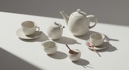 Elegant Minimalist Tea Set with Cups and Teapot on White Surface