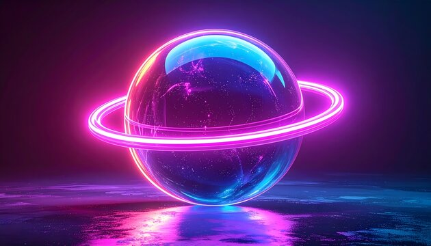 Vibrant neon-lit transparent sphere with a glowing pink ring, resembling a futuristic planet, reflecting on a dark, wet surface.