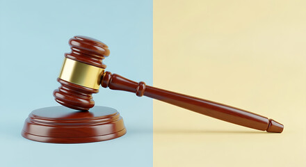 A wooden gavel captured in motion, symbolizing a final legal decision or verdict against a split-color background
