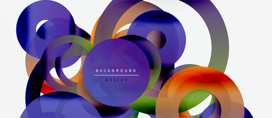 Abstract fluid shapes overlap, creating vibrant color gradients. Design features circular elements, modern aesthetic. Background is white.