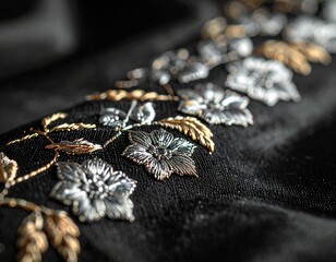 Luxury Satin Fabric with Metallic Embroidery Macro Texture