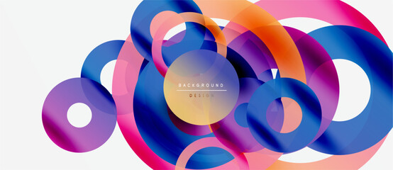 Vibrant overlapping circles create modern abstract composition. Gradient colors blend, forming dynamic visual effect.