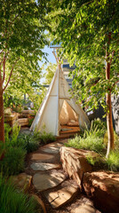 Brightly designed playroom features a white teepee nestled among greenery, encouraging kids to explore nature while participating in various outdoor games and activities