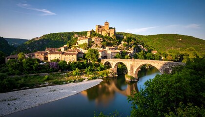 Obraz premium Picturesque village nestled beside a river, with a bridge and castle