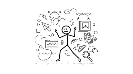 Obraz premium Stick figure overwhelmed by creative tools and design elements