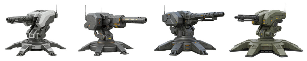 Futuristic Defense Turrets on Transparent Background