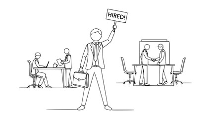 Man holding hired sign after successful job interview