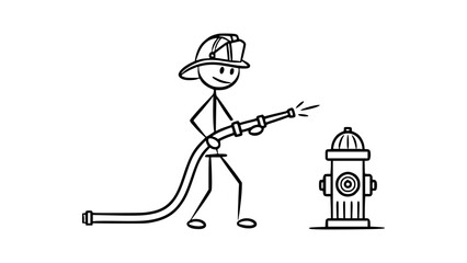 Firefighter with hose spraying water on a fire hydrant