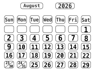 Black Line Art 2026 Calendar template with No Background, August 2026