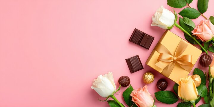 Elegant gift box with chocolates and beautiful pink roses with copy space on light pink background.