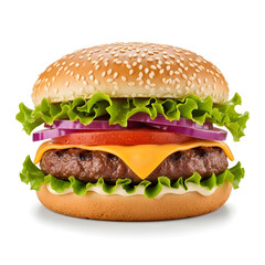 Juicy cheeseburger with fresh lettuce and red onion