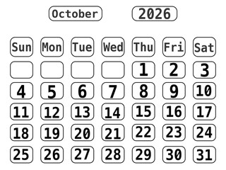 Black Line Art 2026 Calendar template with No Background, October 2026