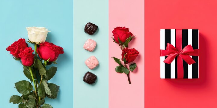 Elegant gift box with chocolates and beautiful pink roses with copy space on light pink background. - Powered by Adobe