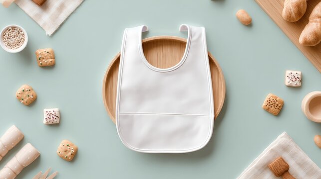 White baby bib on light teal surface with snacks
