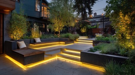 A modern garden with a bench and lights