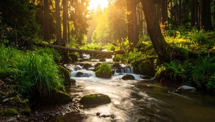 Sunny stream flowing through a forest