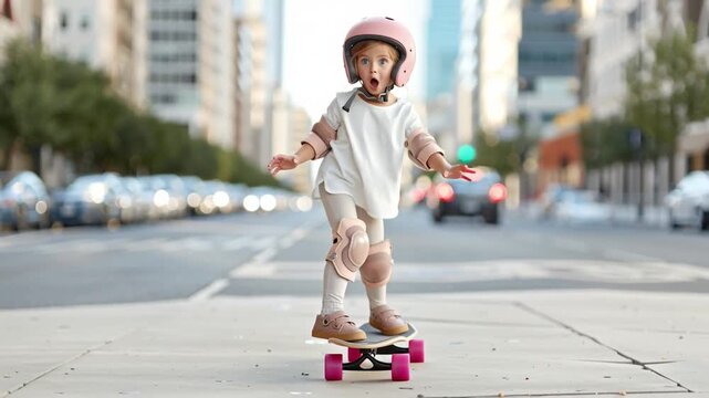 Little Adventurer on Wheels: A spirited young child, fully geared up in protective gear, fearlessly embarks on a skateboarding adventure along a city street.