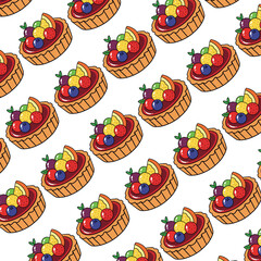 Seamless pattern of fruit tarts with fresh berries and citrus slices