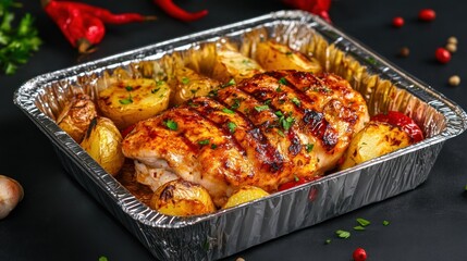 Roasted chicken breast and potatoes in foil container