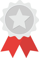 Scalloped Edge Silver Medal with Star and Red Ribbon Flat Design Illustration for Sports Achievement and Award