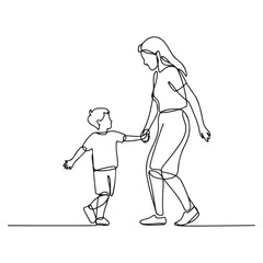 One single line Art drawing young happy mom and her son holding hands and dancing together graphic vector illustration. with white background