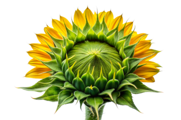 Close-up macro of a young sunflower bud with developing yellow petals isolated on black transparent background