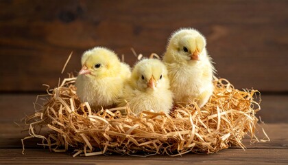 Adorable yellow newborn chick with fluffy feathers in a nest next to white eggs