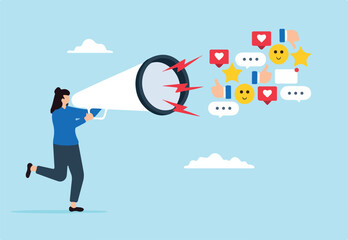Young woman PR amplify message on social media using megaphone