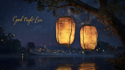 Romantic night scene featuring glowing paper lanterns with “Good Night Love” text, floating above a calm lake under a starry sky, creating a dreamy and intimate atmosphere.