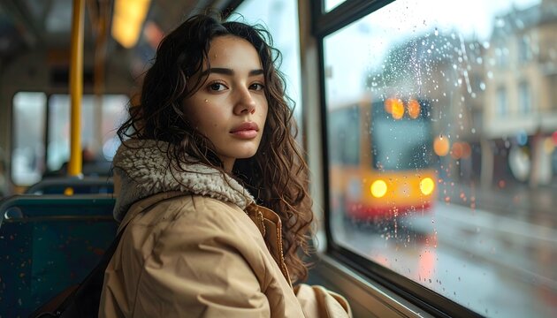 Pensive young woman looking out the window of a bus on a rainy day. - Powered by Adobe