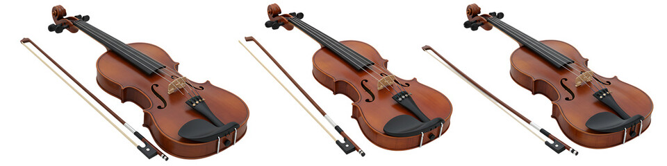 Fototapeta premium Wooden Violin with Bow Isolated Transparent Background