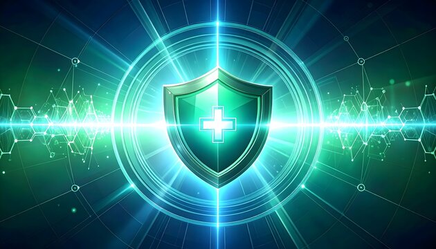 Medical shield with a cross in the center, surrounded by light and geometric shapes. - Powered by Adobe